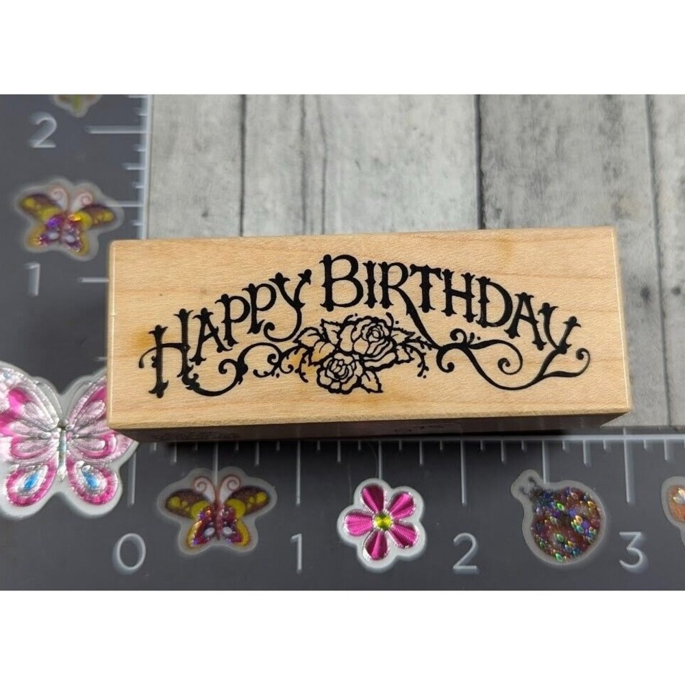 PSX Designs Happy Birthday Flowers C720 Rubber Stamp Wood #E114